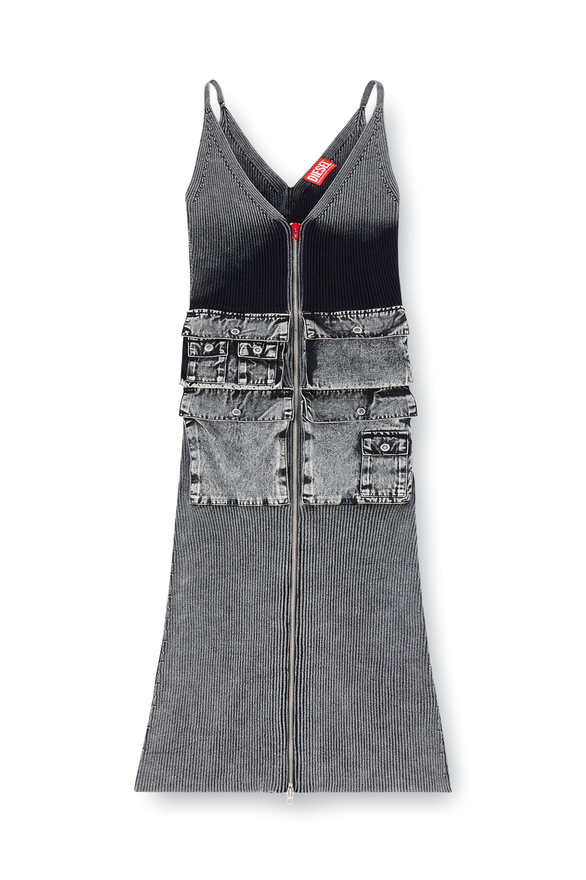 Diesel - M-MELTI, Damen Midikleid aus Strick mit Cargotaschen aus Denim in Dunkelgrau - 2