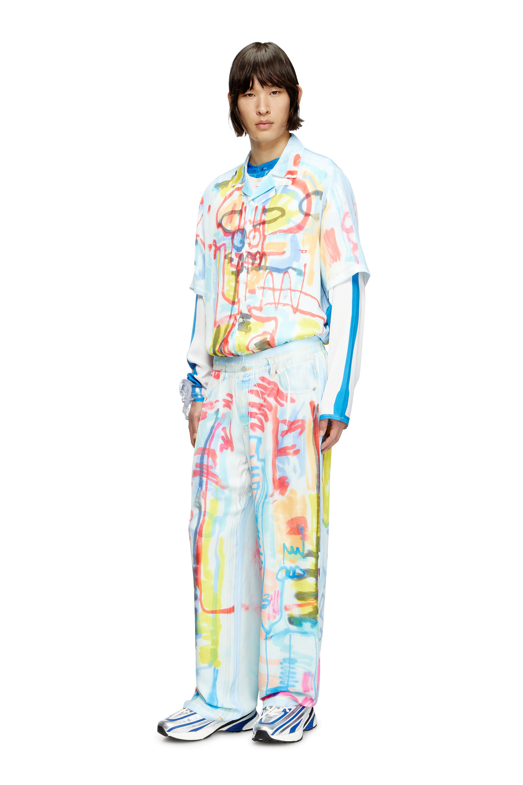 Diesel - P-AFTER-GRAFFITI-AFR, Unisex Hose im relaxed Fit mit Graffiti-Print in Blau/Weiss - 1