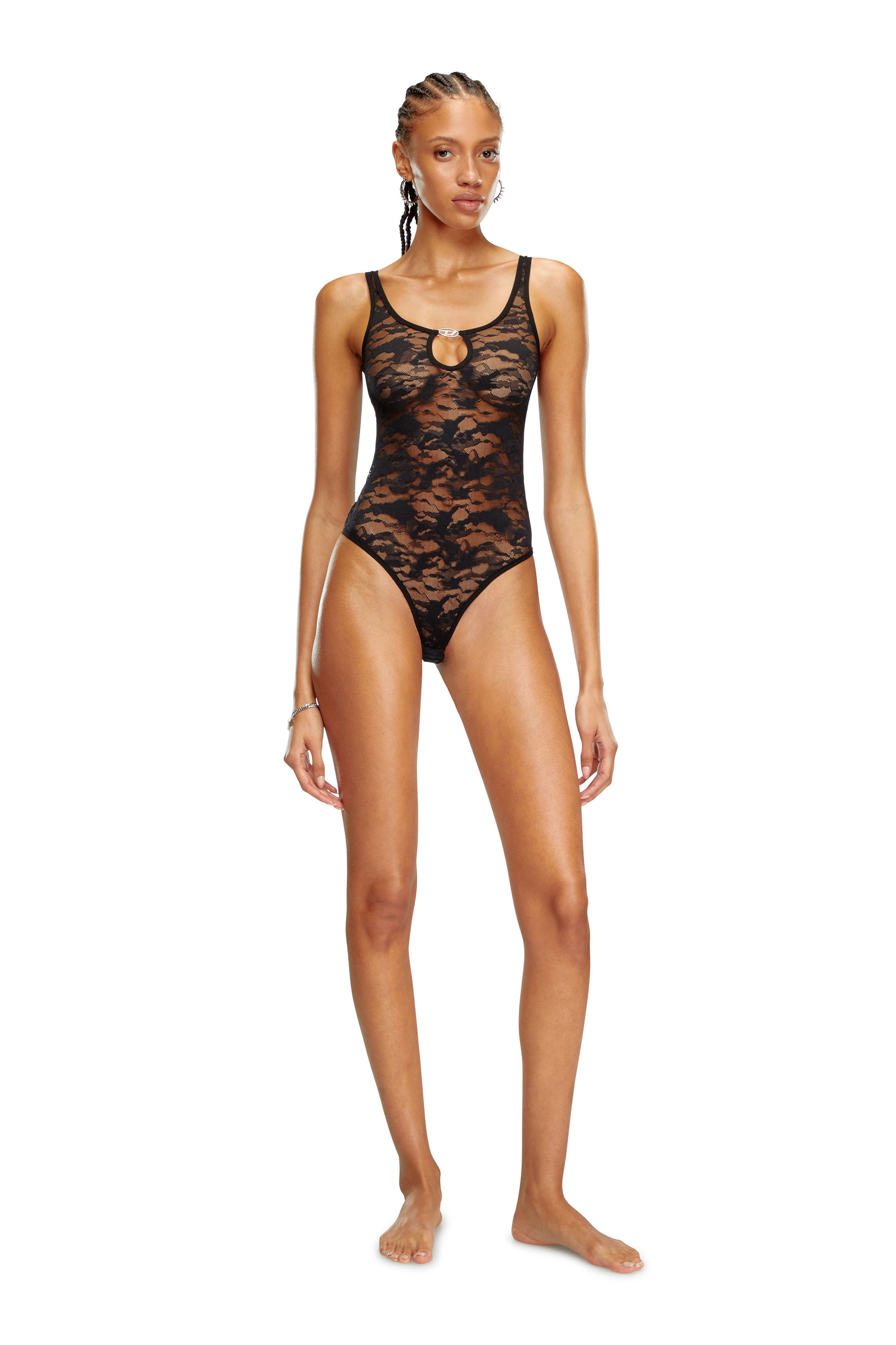 Diesel - UFBY-D-OVAL-LACE-BODYSUIT, Damen Camouflage-Spitzen-Bodysuit mit Oval D-Plakette in Schwarz - 2