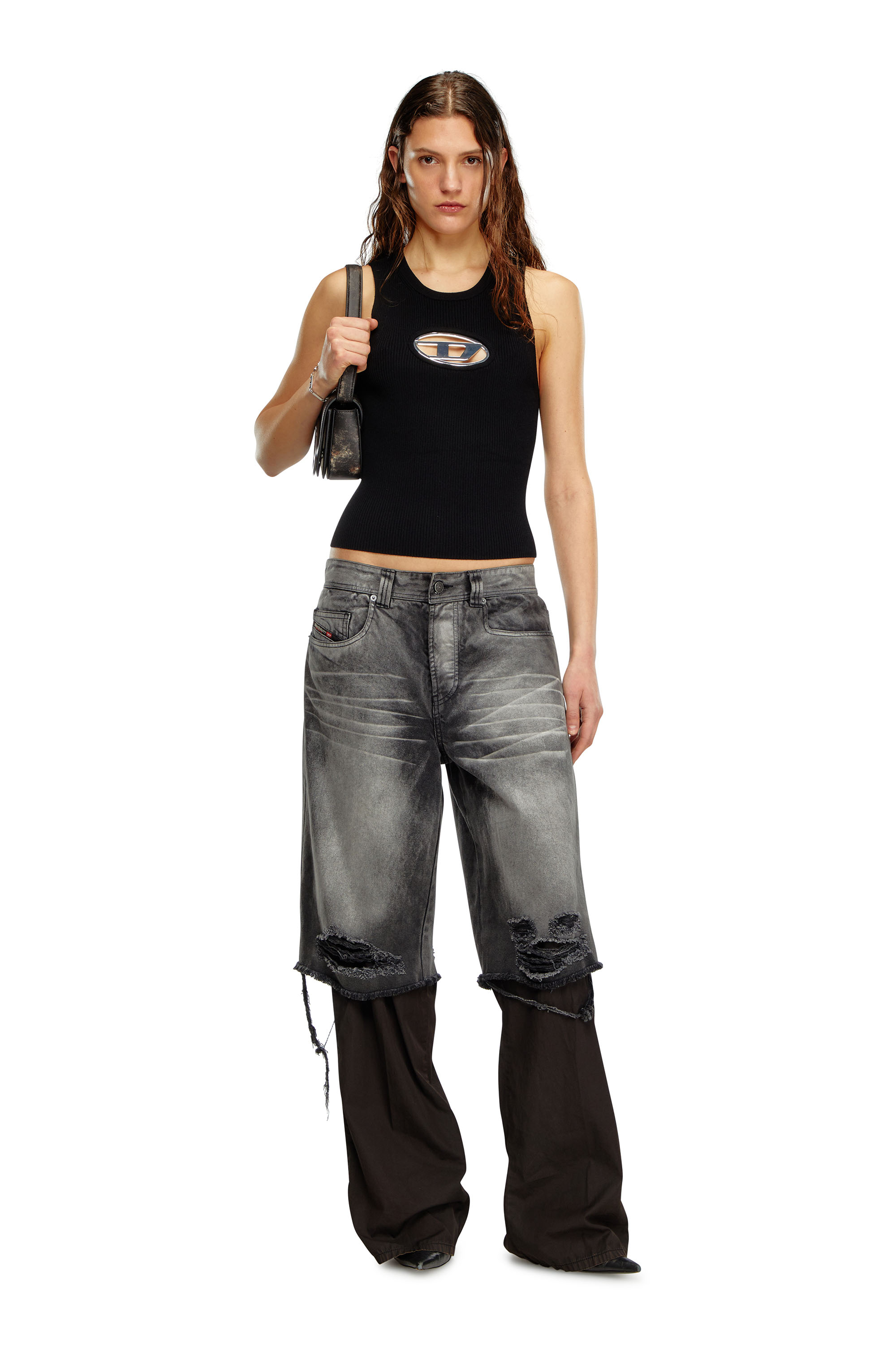 Diesel - M-ONERVA-TOP, Damen Cutout-Stricktop mit Logo-Plakette in Schwarz/Weiss - 2
